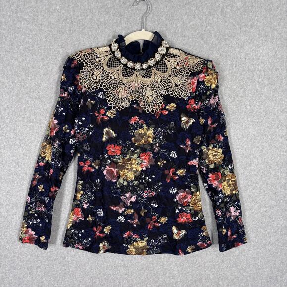 Lace‎ Blouse Medium Pearls Butterflys Gold Crochet Maximalist Victorian Coquette - Picture 1 of 14